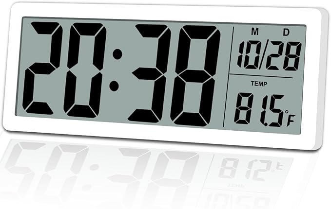 8.5" Modern Digital Wall Clock, Battery Operated, White, Simple LCD Display with Temperature/Date/Time - 12/24H, Small Digital Clock for Bedroom, Living Room Decor