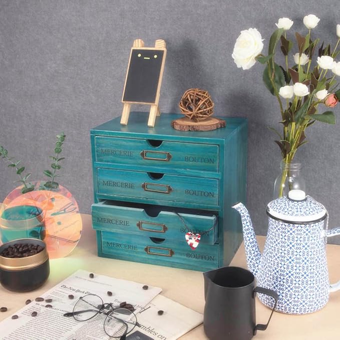 Wooden Storage Box with 4 Drawers Vintage Office Supplies and Accessories Letter Tray Wood Desktop School Supply Organizer Library Card Catalog Cabinet with Lables Rustic Jewelry Box (BLUE)