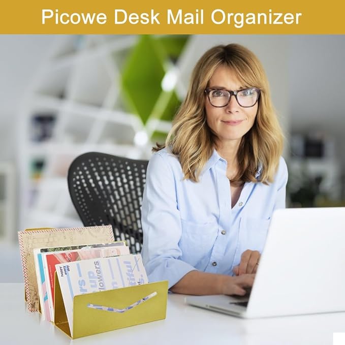 Picowe Metal Desk Mail Organizer Mail Holder, 3 Slots Letter Holder Organizer Envelope Organizer for Home Office (Gold)