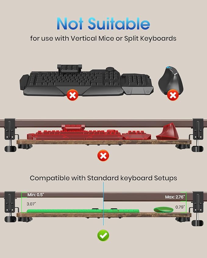 Large Keyboard Tray Under Desk, Pull Out Keyboard & Mouse Tray with Adjustable C-clamp, 25.6(31.5 Including Clamps) x 11.8 Inch Slide Out Computer Keyboard Drawer Mouse Tray for Typing, Brown