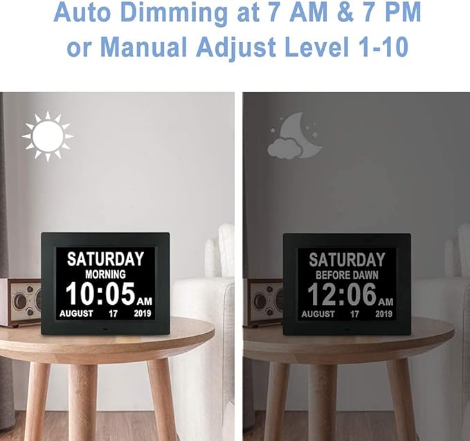 Aowasi [Upgraded 10 Inch] Digital Day Calendar Clock Auto-Diming & 8 Alarms Options Extra Large Date Time Non-Abbreviations Dementia Impaired Vision Senior Clocks for Memory Loss Alzheimer Elderly