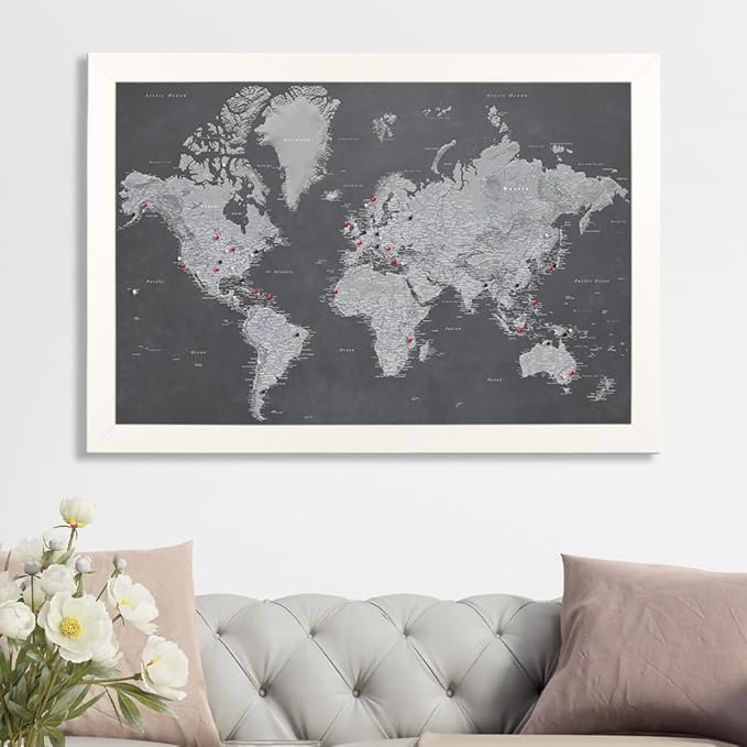 Push Pin Travel Maps - Stormy Dreams World - Textured White Framed Pin Map for Tracking Your Travels - 27.5" x 39.5" - 8 Handcrafted Frame Options - Made in USA - Ideal for Any Traveler