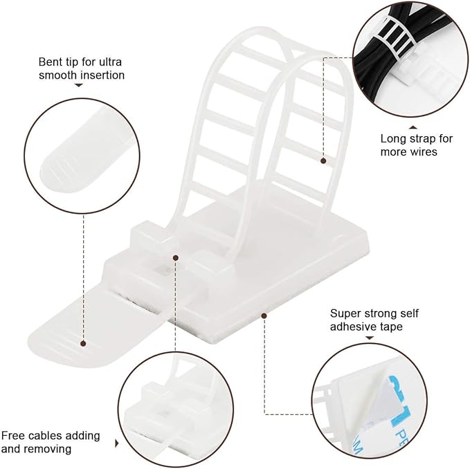 100Pcs Adhesive Cable Management Clips with 50Pcs Zip Ties, Adjustable Nylon Cable Strap Ties Wire Clips Clamps Organizer, Extra Screw & Hole - 3.35 Inch White