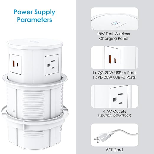 Pop Up Outlet with 15W Wireless Charger, 4 AC Outlets & PD 20W USB Fast Charging, 4.75 inch Desk Hole Power Grommet Connect 6FT Cord for Office, Conference, Kitchen Use(ETL & FCC Listed)
