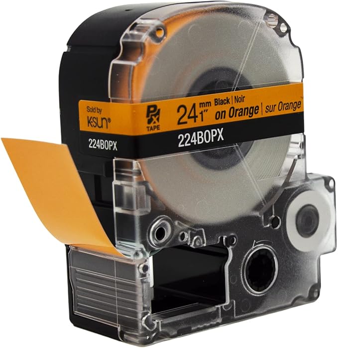 Epson LABELWORKS 224BOPX Genuine PET (Polyester) Tape Cartridge - Black on Orange Label Maker Tape - 1" (24MM) Wide, 30'