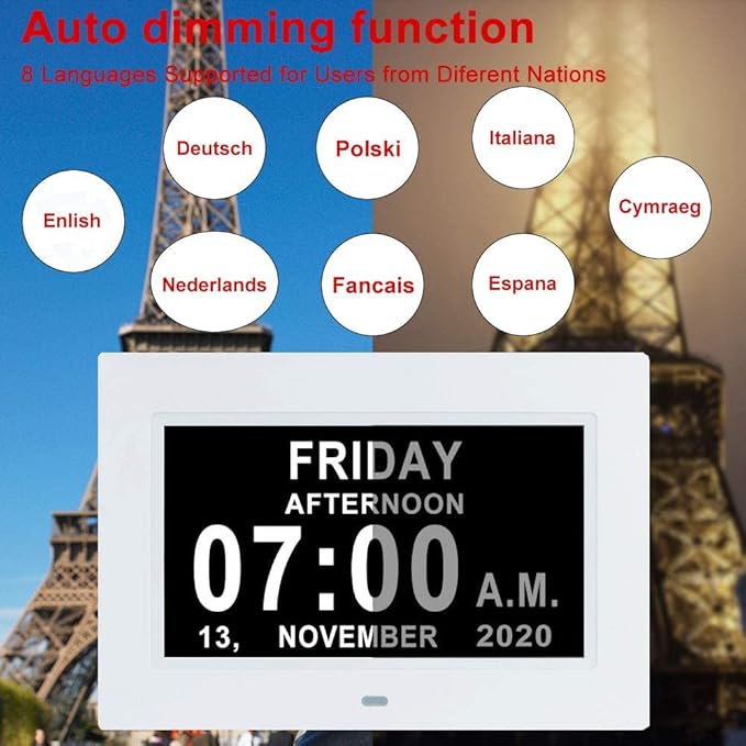 Aowasi 7 Inch Dementia Clock for Seniors Impaired Vision Alzheimers Digital Calendar Day Clock with 12 Alarm Options, Non-Abbreviated Day & Month