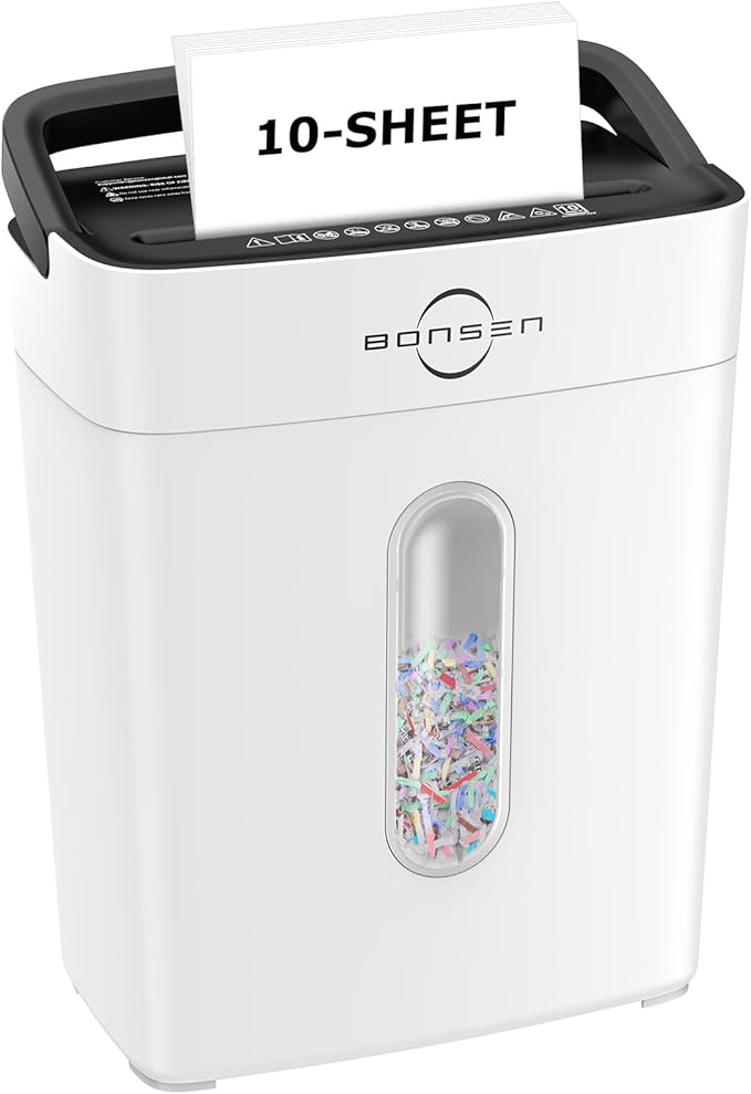 Bonsen 10-Sheet Cross Cut Paper Shredder for Home Office, P-4, Portable Handle, 4 Gallons Bin, Paper and Credit Card Shredder, White (S3201-W New Version)