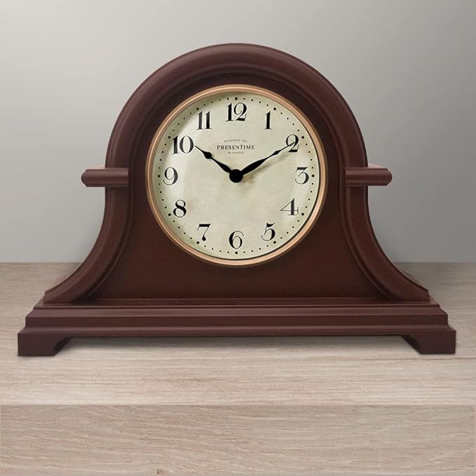 Presentime & Co. Mantel Clock Vintage Farmhouse Series, Napoleon Desk & Shelf Clock, 13 x 10 inch, Domed Lens, Quartz Movement, ABS Plastic Case, Walnut Brown Finish (Home/Tabletop Decoration)
