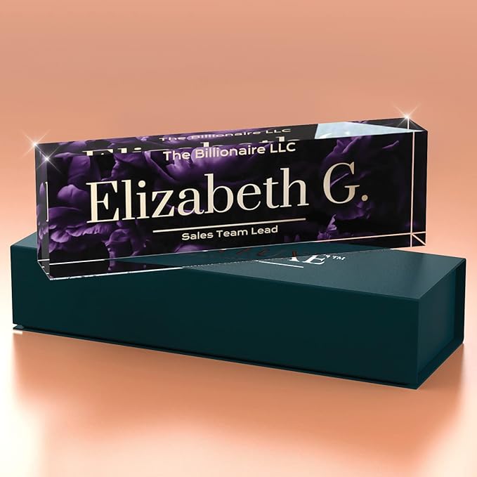 Desk Name Plate Personalized, Custom Name Plates 2½/x8 Inches, Thick Crystal-Clear Acrylic, Gift Box, Office Desk Decor. USA Made by ACRYLUXE (Blossom)