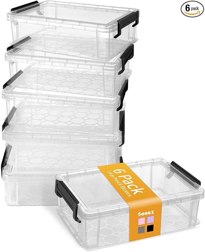 Sooez 6 Pack Extra Large Pencil Box, Plastic Pencil Case Crayon Box Bulk, Clear Marker Organizer Plastic Containers with Lid, Stackable Storage Boxes for Art Craft, Pen, Back to School Supplies, Black