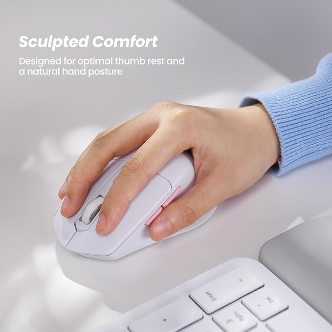 Nulea KM75 Wireless Keyboard and Mouse Combo, Comfortable Natural Typing, Palm Rest, Multi-Device (Bluetooth, 2.4G, Wired), Rechargeable, for Multi-OS, Windows, Mac, Android (White Pink)