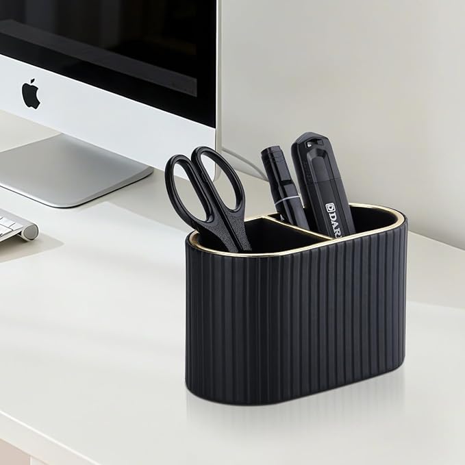 KINGFOM PU Leather Desk Organizer Pen Holder – Dual-Compartment Stylish Pencil Cup Remote Control Holder Desktop Supplies and Accessories Organizer Caddy for Office Home School (Black)
