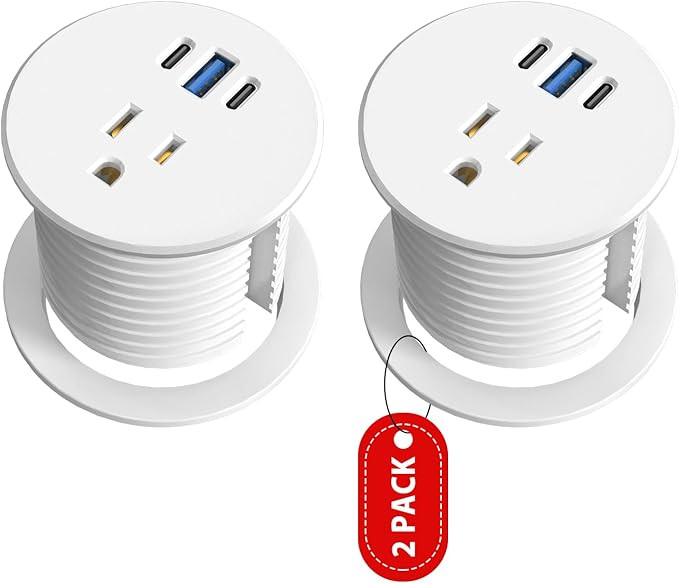 2 Pack Desk Grommet Power Outlet, 2.5 inch Desktop Recessed Outlet with 20W Fast Charging USB-C Port, Flush Mount Outlet for Conference Rooms, Office Tables, Furniture(ETL Listed)