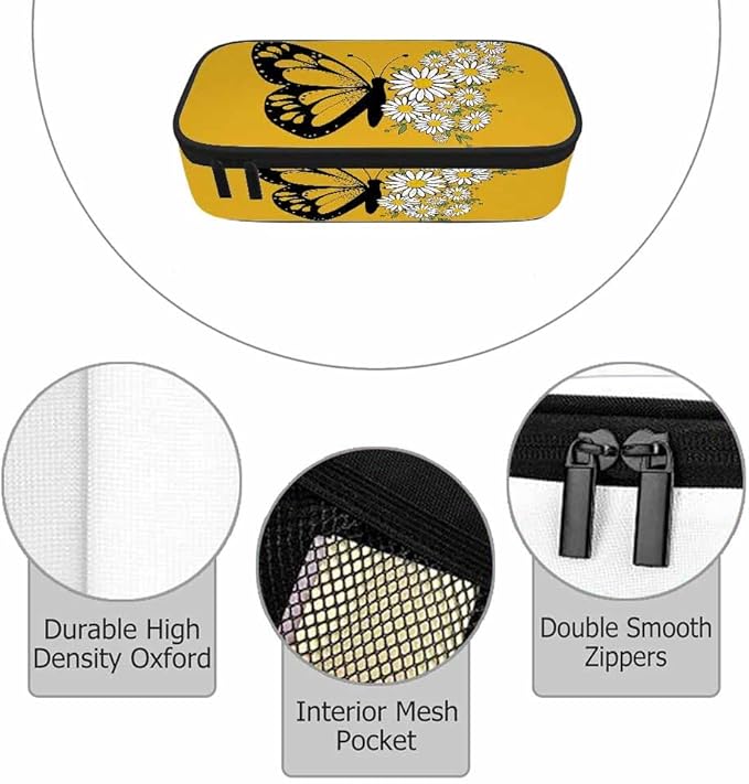 Butterfly Pencil Bag Daisy Flower Bright Yellow Big Capacity Pencil Case Pencil Pouch Pen Bag School Students Boy Girl