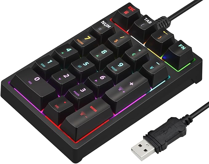 Gurjot Number Pad, Mechanical USB Wired Numeric Keypad with Color Backlit 21 Key Numpad for Laptop Desktop Computer PC Black (Blue Switches)