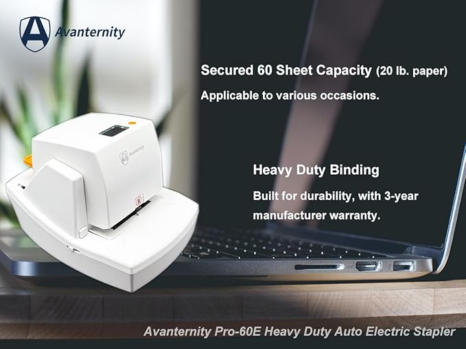 Avanternity's Pro-60E Heavy Duty Auto Electric Stapler (Value Kit + Extra 2 Staple Cartridge Packs) - Secured 60 Sheet Capacity, Includes 50,000 Staples