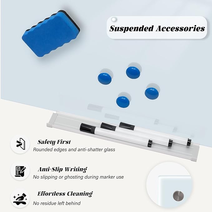 Magnetic Large Glass Board 72"x 48" Dry Erase Writing Board Premium Tempared Galssboard Frameless Message Board with Full Accessories Wall Mounted White Board