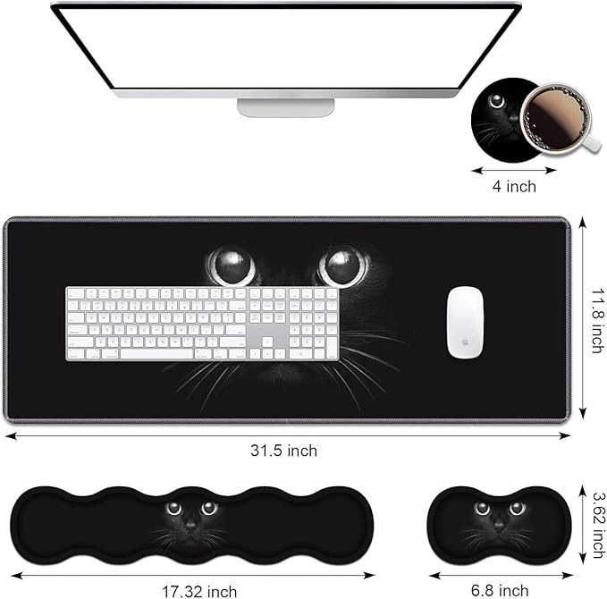 Ergonomic Keyboard Wrist Rest & Mouse Pad Wrist Rest Set, Large XXL Gaming Desk Mat 31.5"x 11.8" with Memory Foam, Easy Typing Pain Relief for Office & Home, Cute Black Cat Face