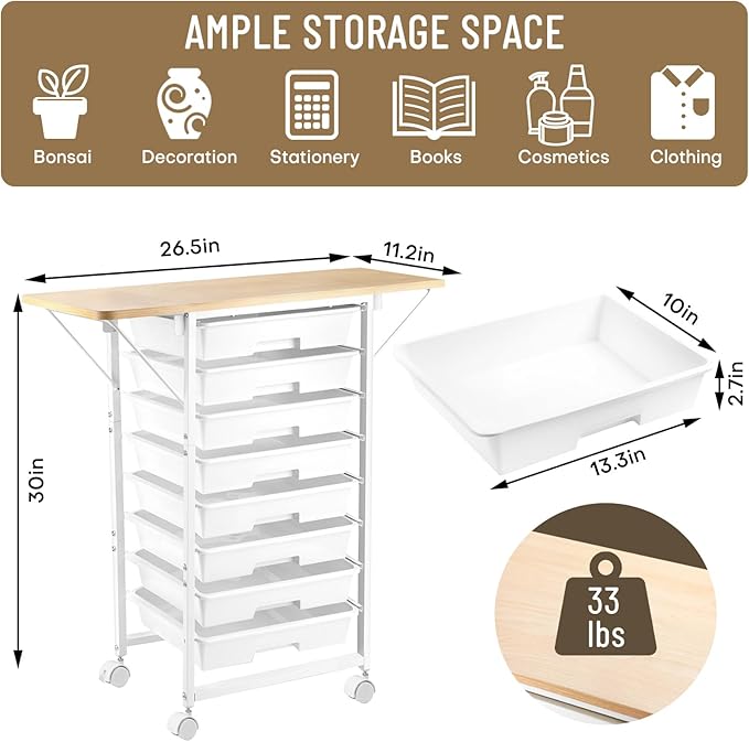 Rolling Storage Cart with Drawers,Craft Storage Cabinet with 8 Drawers and Wooden Tabletop,Utility Cart with Foldable dual side panels & Wheels for Classroom,Bedroom,Bathroom,Dorm,Office,Kitchen,White