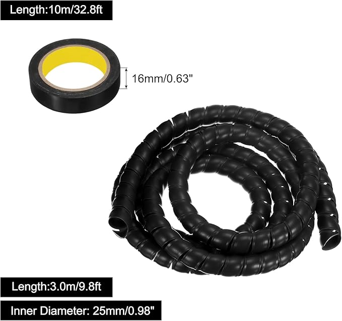 MECCANIXITY Spiral Cable Wrap 9.8ft/3.0M 25mm Cable Management Sleeve PP Insulation Cord Organizer for Computer Wire Power Cable Gas Pipe Black with Tape