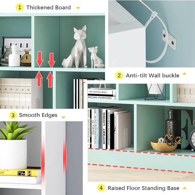 IOTXY Open Shelf Low Bookcase - Wooden 3-Tier Floor Standing Display Cabinet Organizer with Base, 5 Cubes Short Horizontal Bookshelf in Warm White