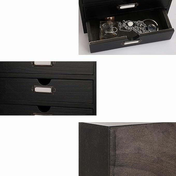 Wooden Storage Box Rustic Desktop Organizer with 3 Drawers Office Desk Accessories Shelf Small Craft Storage Containers Apothecary Cabinet and Chest Jewelry Holder for women(BLACK)