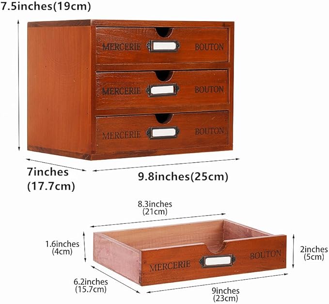 Wooden Storage Box Rustic Desktop Organizer with 3 Drawers Office Desk Accessories Shelf Small Craft Storage Containers Apothecary Cabinet and Chest Jewelry Holder for women(BROWN)