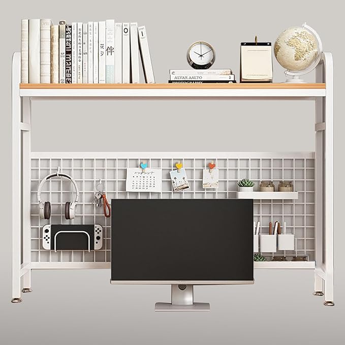 Desk Shelf Bookcase 1-Tier Metal Desktop Bookshelf Hutch with Grid Panel and DIY design possible Multipurpose Storage Organizer Display Rack for Dorm Office Home Computer Desk(White 45.3"×7.9"×38.6")