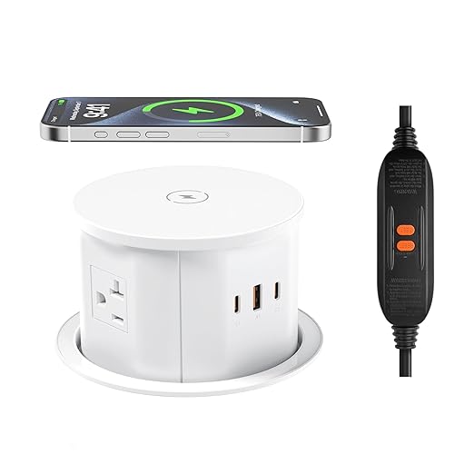 ANNQUAN 20 Amp GFCI Pop Up Outlet for Countertop with 15W Wireless Charger,Max 65W Power Delivery,4.75" Pop Up Electrical Outlet with 3 Outlets 3 USB Ports