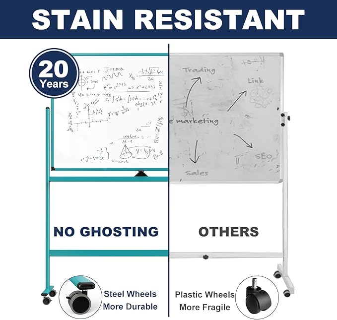 Large Dry-Erase Rolling Magnetic Whiteboard - 48 x 32 Inches Dry Erase Board with Stand Height Adjust Double Sides Mobile White Board Easel on Wheels with 25 Sheets Paper Pad Office, Home & Classroom