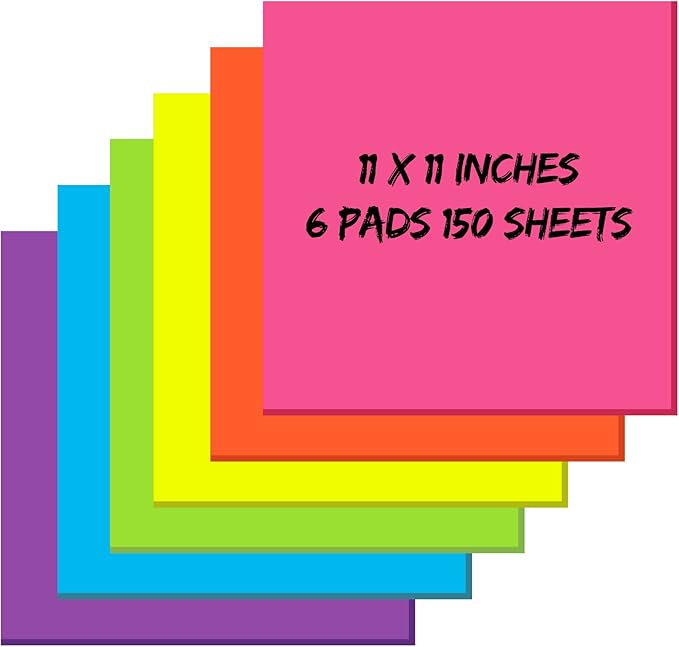 Zubebe 6 Pads 11 x 11 Inch Large Sticky Notes Jumbo Bright Colors Sticky Notepads Self Stick Note Square Memo Post Stickies for Office School, 25 Sheets/pad