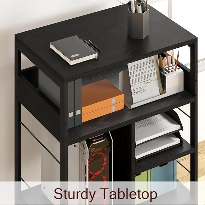 GarveeLife Printer Stand with Power Outlets, 4-Tier Rolling Printer Table with Lockable Wheels, Heavy Duty Printer Cart with Storage, Utility Storage Cart for Home, Office, Black