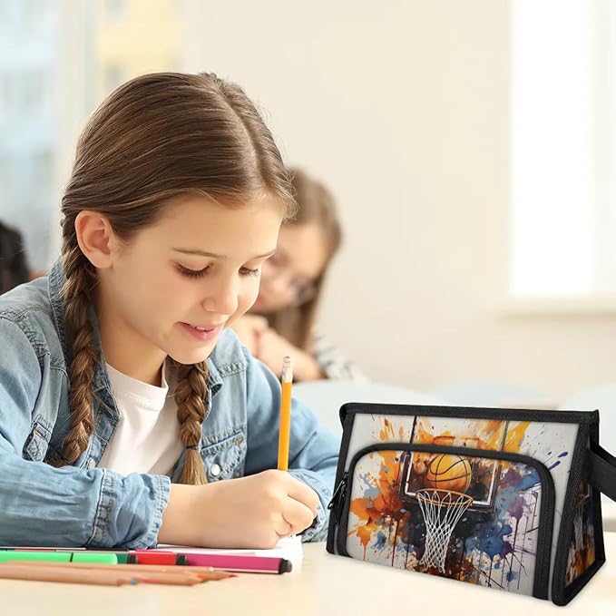 Large Capacity Pencil Case Pouch, Basketball Sport Portable Zipper Pencil Cases Pencil Bag Office Stationery Bag Makeup Bag Desk Organizer for Women Men