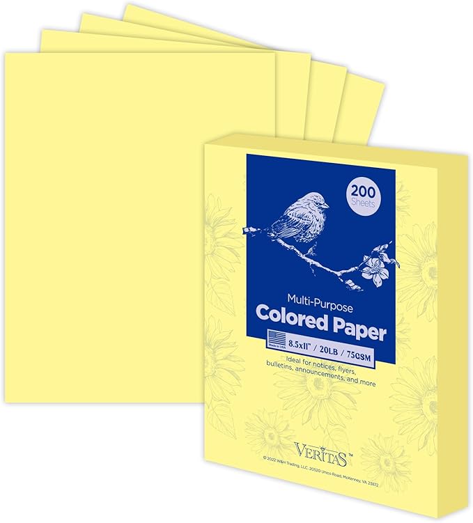 WritePads Veritas Colored Copy Paper,Multi-Purpose paper,Colored Printer Paper 8.5” x 11”, 20 lb / 75 GSM, Canary 200 Sheets (1 Reams)，Made in USA