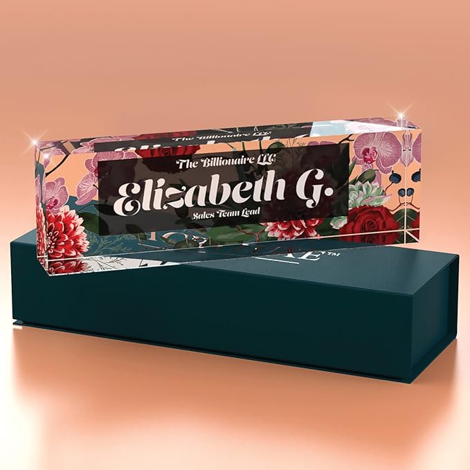 Desk Name Plate Personalized, Custom Name Plates, 2½/x8 Inches, Thick Crystal-Clear Acrylic, Gift Box, Office Desk Decor. USA Made by ACRYLUXE (Spring)