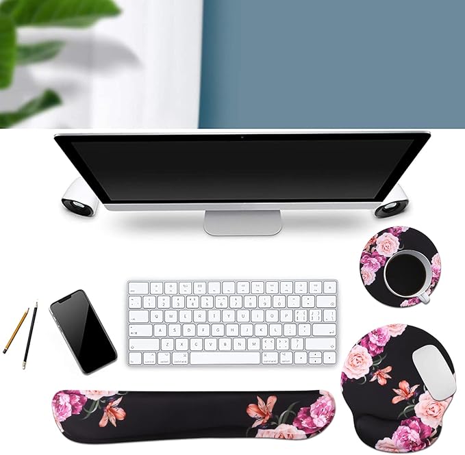 iLeadon Mouse Pad with Wrist Support Keyboard Wrist Rest Set, Ergonomic Mouse Pad with Non-Slip Base for Computer Laptop Home Office + Coasters, Easy Typing & Pain Relief Mouse Mat, Peony Flowers
