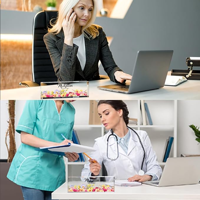 Personalized Desk Name Plate, Personalized Office Gift, Office Name Plaque for Desk, Office Floral Decor for Women (Flower Bush 1)