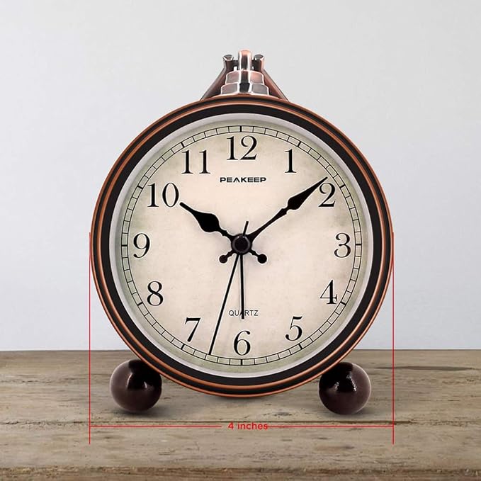 Peakeep 4" Small Battery Operated Antique Retro Analog Alarm Clock with Contour Lines in Gold for Room Decors, Silent Elegant Bedside Desk Gift Clock