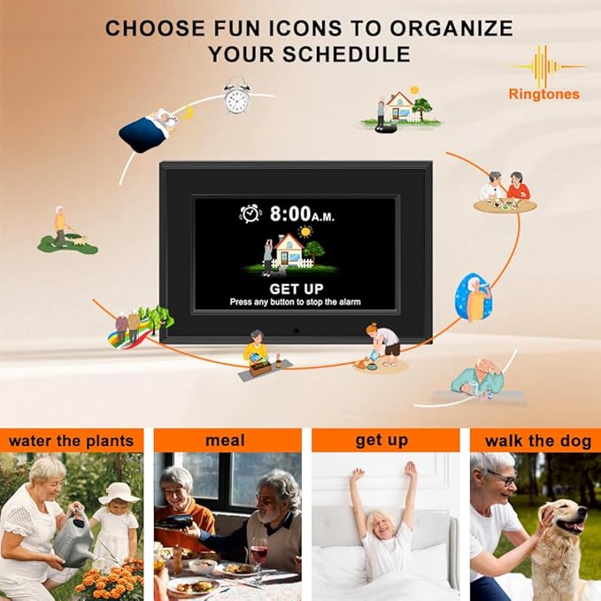 Digital Alarm Clock for Seniors - No-Abbreviation Date HD Display Auto Dimming Photo FrameWhite Noise DST Adjustment, Ideal Gift for Elders (7inch Black)