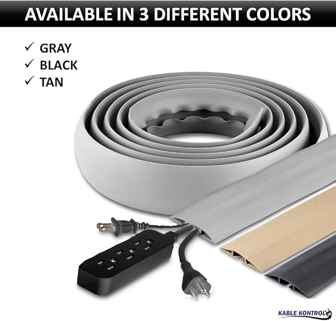 Kable Kontrol Floor Cord Cover kit - 15 Feet Long Tan Plastic Cable Protector, Hides Cords and Conceals Wires, for Extension Cord Cable Management, Channel Size 0.75” W x 0.43” H