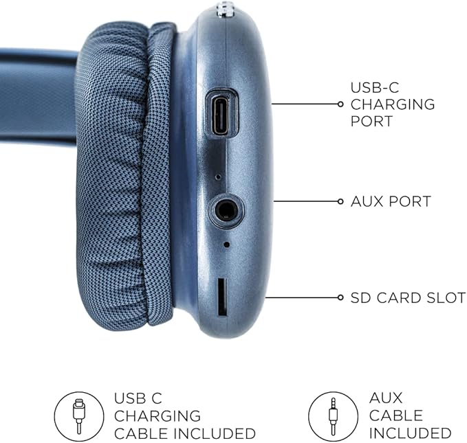 iJoy Ultra Wireless Over-Ear Bluetooth Headphones with Mic, Up to 10 Hours Playtime, Bluetooth Headset 33Ft Range with Backup AUX Cable & SD Slot, Wireless Headphones for Gaming, Work & Gym (Blue)