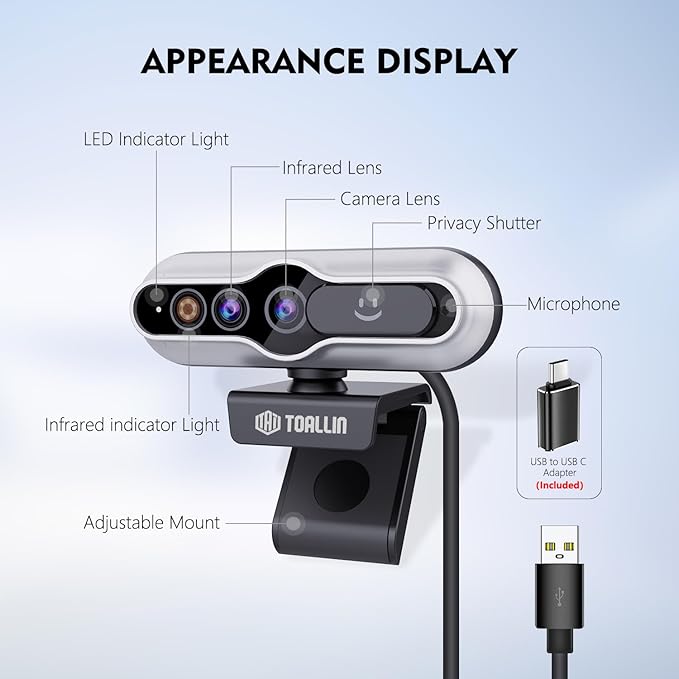 TOALLIN 2K QHD Webcam with Windows Hello, Facial Recognition Web Camera, 5 Million Pixels, Auto-Focus Computer Camera, USB Webcam with Microphone & Privacy Shutter