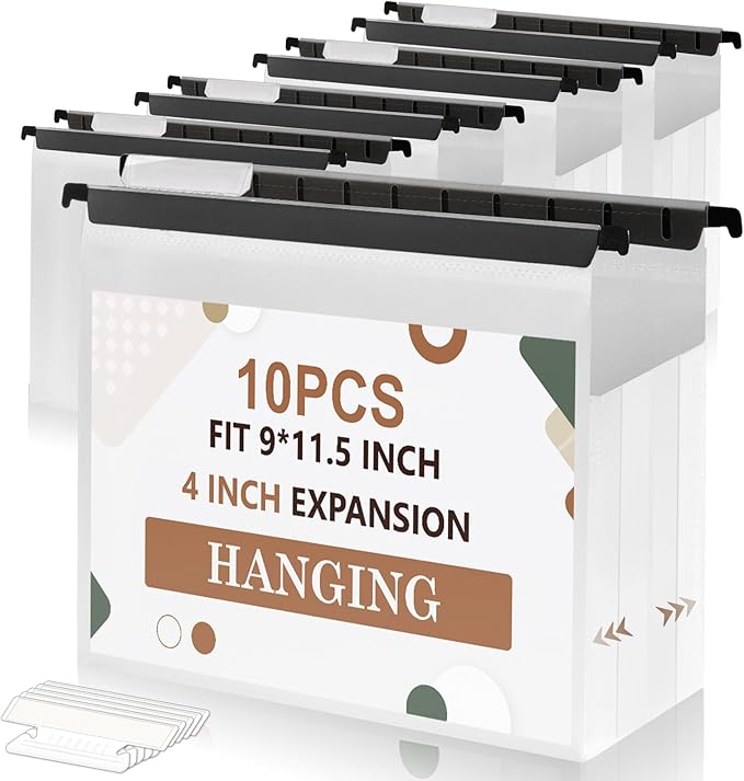 10 Pack Extra Capacity Hanging File Folder Plastic Letter Size Filing Cabinet Reinforced Hang Folders with Heavy Duty 4 Inch Expansion Black Insert Gasket 8.5” X 14” for Insertable Tabs