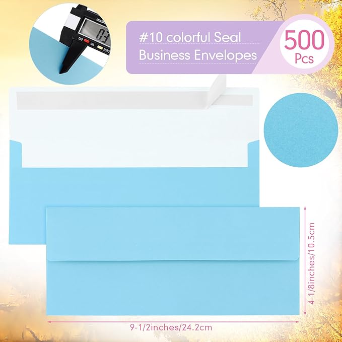 Jutom 500 Pcs Kraft Envelopes Letter Size Bulk #10 Business Strong Sealed 4-1/8 x 9-1/2 in Flap Office Printable Mailing Envelopes Windowless Invisible (10 Colors)