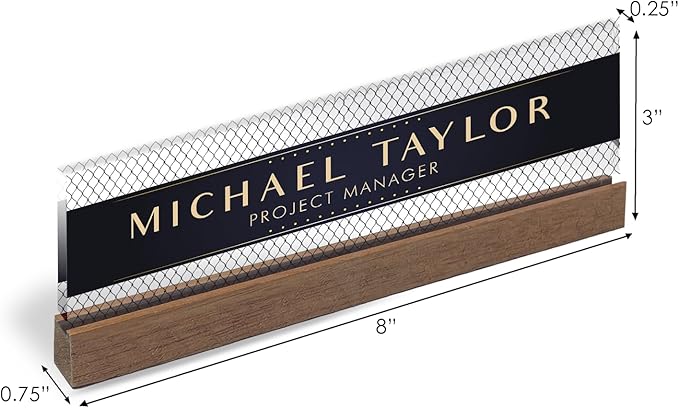 Artblox Personalized Office Desk Name Plate With Business Card Holder | Clear Acrylic Glass with Teak Wood Stand | Net Shape Design Customized with Your Name and Credentials Office Desk Décor