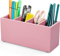 Bivvclaz Pencil Pen Holder for Desk, Wooden Office Desk Organizers and Accessories with 4 Slots for Countertop, Makeup Brush Holder Organizer for Bathroom Vanity, Silverware Caddy for Party, Pink