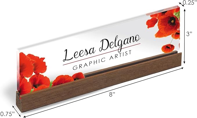Artblox Office Personalized Name Plate for Desk with Business Card Holder On Clear Acrylic Glass Poppy Flowers Design Custom Desk Name Plate with Your Name and Credentials Customized Gift