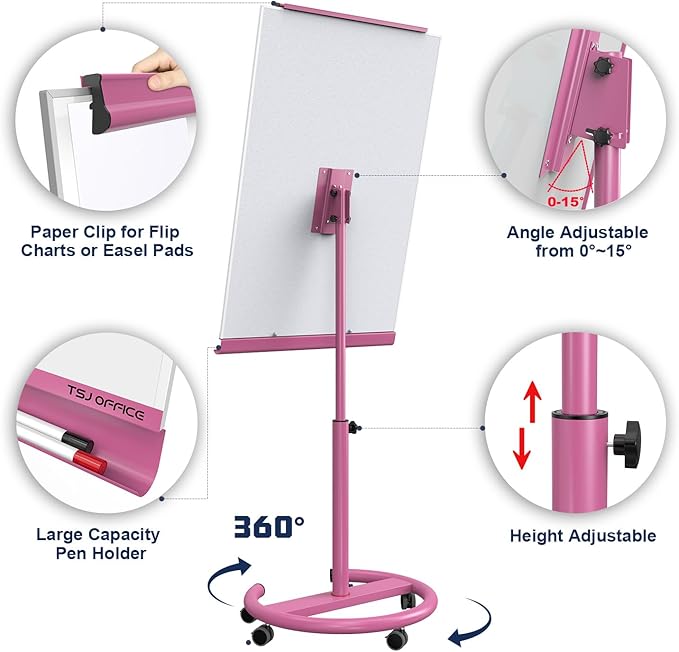 TSJ OFFICE Mobile Whiteboard Magnetic - 40 x 26 Inches Dry Erase Board on Wheel with Stand Flipchart Easel Height Adjustable, Violet