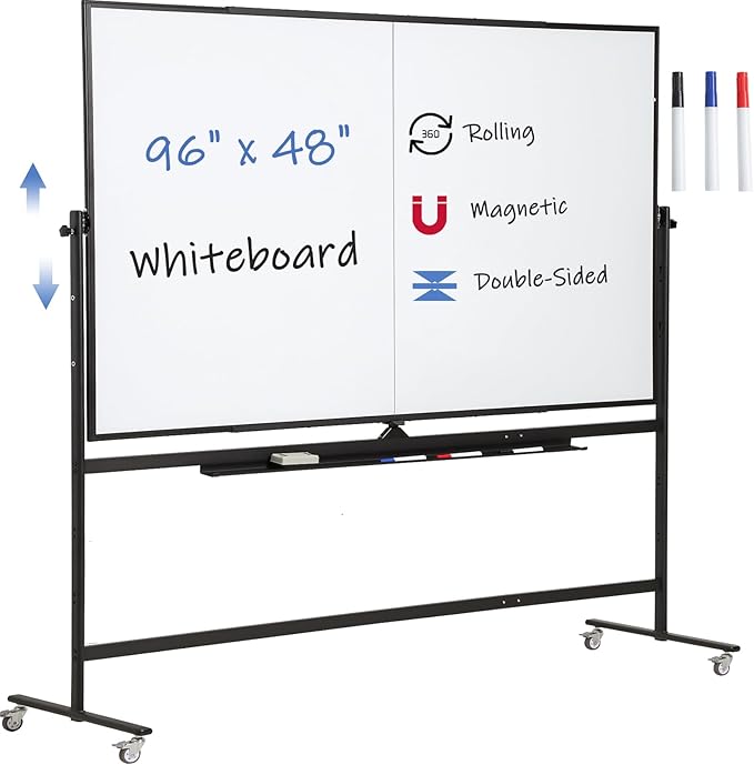 Large Magnetic Mobile Whiteboard 96"x48", Rolling Double Sided Stand Whiteboard on Wheels, Reversible Adjustable Height/Angle Dry Erase Board 8' x 4' Easel White Board for Office Classroom, Black