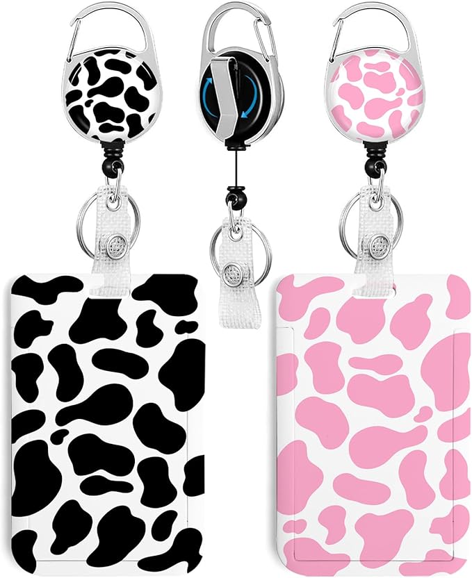 2 Pack Cow Print ID Badge Holder with Heavy Duty Retractable Reel Keychain for WomenStudents,Teachers, Nurses, Office Use